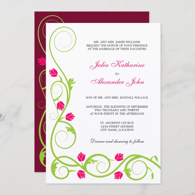 Elegante Fuchsia Verde Swirls Invitación a la boda (Anverso / Reverso)