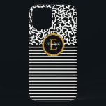 Elegante funda para portátil monograma de leopardo<br><div class="desc">Un patrón de leopardo negro y blanco con rayas blancas y negras y un elegante monograma dorado y negro decoran esta caja de iphone. ¡Personalízalo por ti mismo o por un regalo! Diseñado para ti por Blackberry Boulevard.</div>