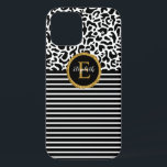 Elegante funda para portátil monograma de leopardo<br><div class="desc">Un patrón de leopardo negro y blanco con rayas blancas y negras y un elegante monograma dorado y negro decoran esta caja de iphone. ¡Personalízalo por ti mismo o por un regalo! Diseñado para ti por Blackberry Boulevard.</div>