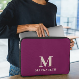 Elegante funda para portátil monograma rojo de vin