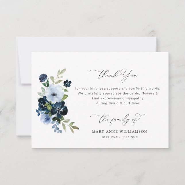 elegante funeral azul floral nota de agradecimient (Anverso)