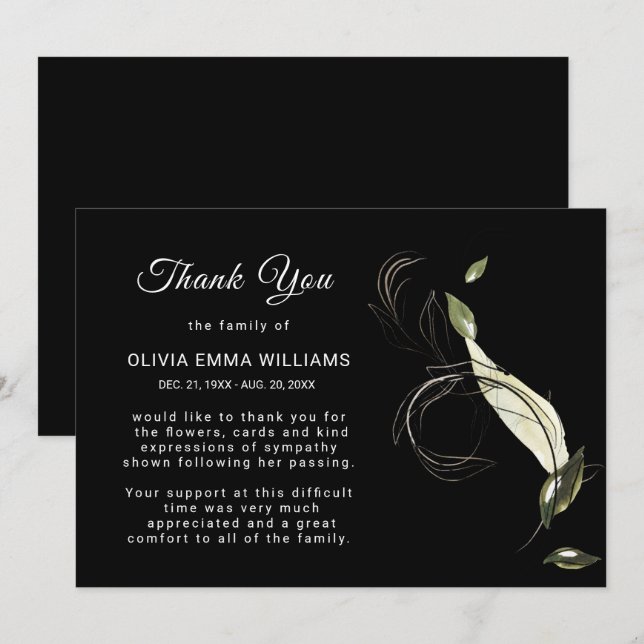 Elegante Funeral Black Gold Tarjeta de agradecimie (Anverso / Reverso)