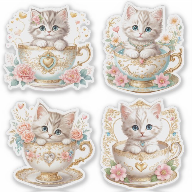 Elegante gatito en Pegatinas de té - Diseño floral (Anverso)