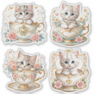Elegante gatito en Pegatinas de té - Diseño floral