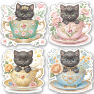 Elegante gatito en Pegatinas de té - Diseño floral