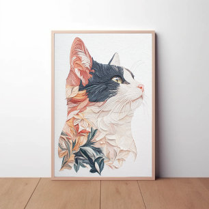 Elegante gato de Tuxedo con motivos de hoja - Arte
