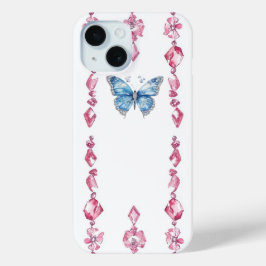 Elegante Gem Butterfly iPhone 15 Funda Azul