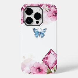 Elegante Gema Floral Mariposa iPhone 14 Pro Funda