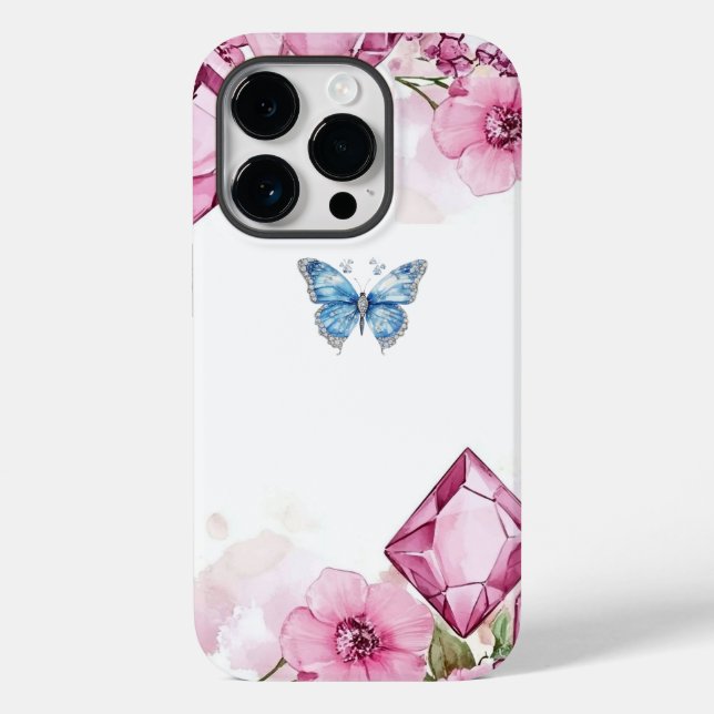 Elegante Gema Floral Mariposa iPhone 14 Pro Funda (Reverso )