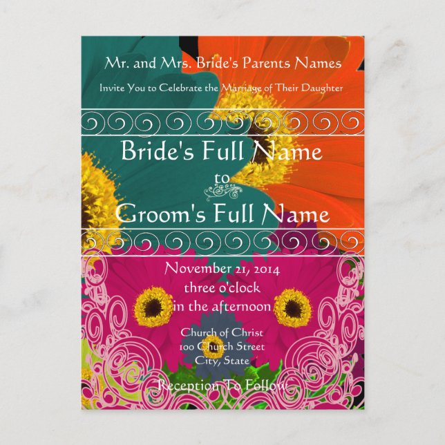 Elegante Gerber Daisy Wedding Invitación Swirls (Anverso)