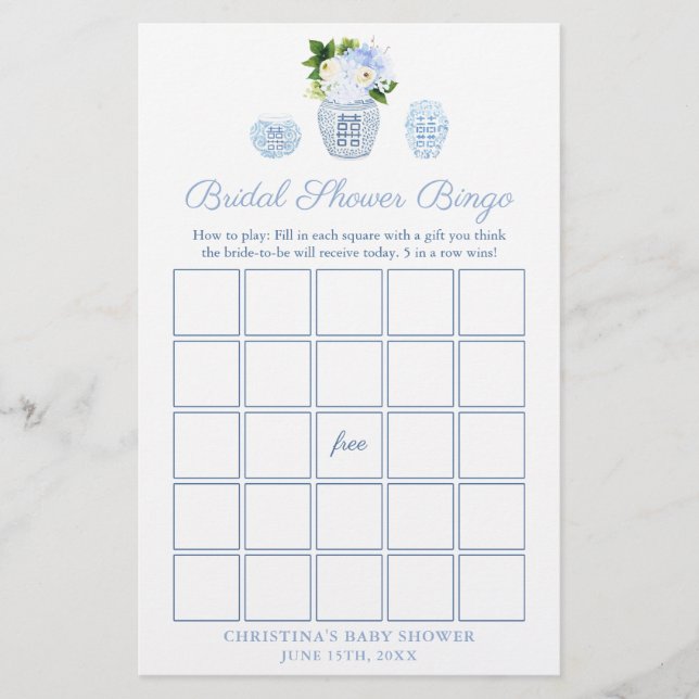 Elegante Ginger Jar Bridal Shower Bingo Tarjeta de (Anverso)