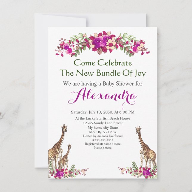 Elegante Giraffe Invitación a Baby Shower con flor (Anverso)