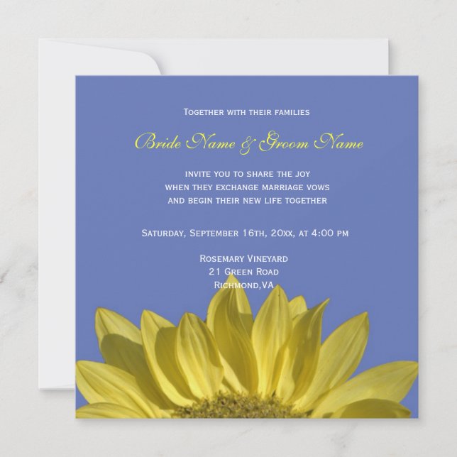 Elegante, girasol brillante en azul, invitación a  (Anverso)