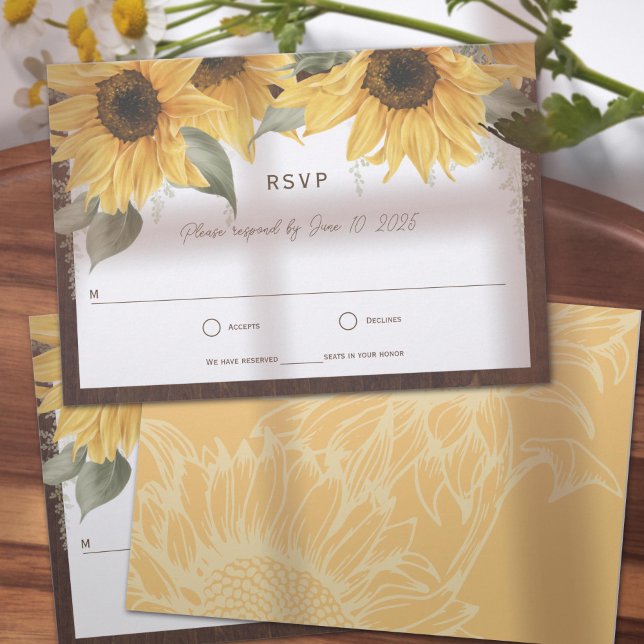 Elegante Girasol Rústico, boda Country Fall (rustic wedding RSVP cards, adorned with vibrant yellow watercolor sunflowers. )