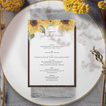 Elegante girasol rústico, menú de boda campestre<br><div class="desc">Presentamos nuestras tarjetas rusticas de menú Boda de girasoles, perfectas para añadir un cálido encanto campestre a su día especial. Estas tarjetas de tamaño A7 presentan un diseño bellamente diseñado que muestra girasoles vibrantes, simbolizando la adoración y la lealtad, en un entorno rústico. Ideal tanto para los bodas de otoño...</div>