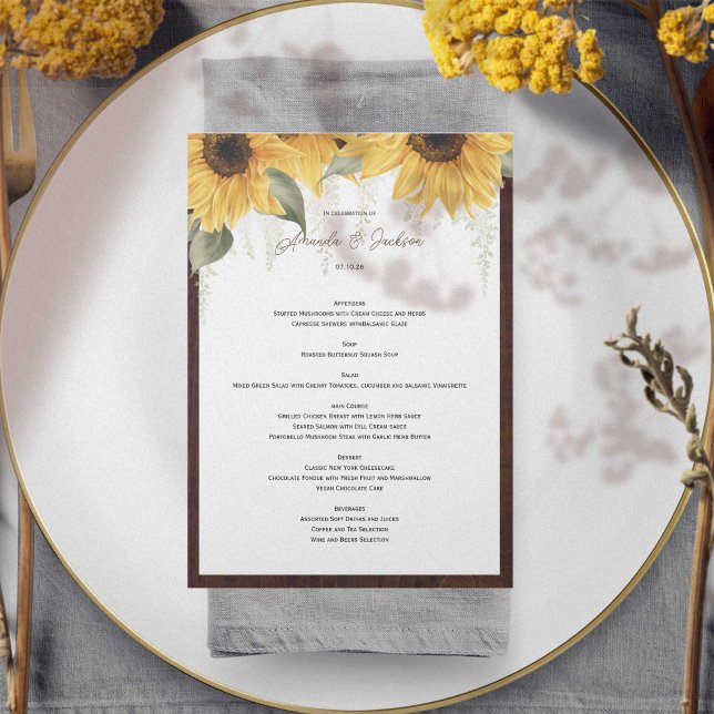 Elegante girasol rústico, menú de boda campestre (Sunflower themed, rustic wedding menu cards. Features beautiful watercolor sunflowers.)