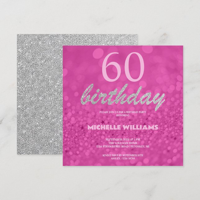 Elegante Glitter Plata Rosa Caligrafía Cumpleaños (Anverso / Reverso)