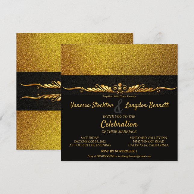 Elegante Glitzy Invitación a la Boda de Oro (Anverso / Reverso)