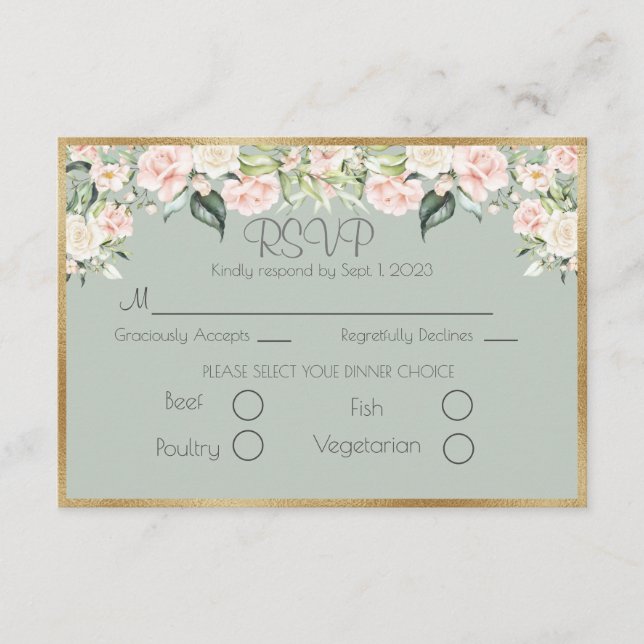 Elegante Gold Floral Green Script Wedding RSVP (Anverso)