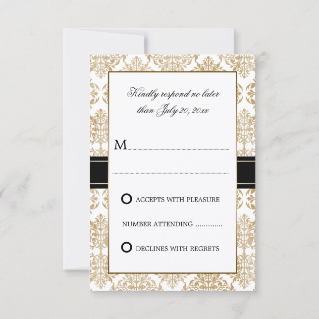 Elegante Gold Flourish y Damask RSVP (Reverso)