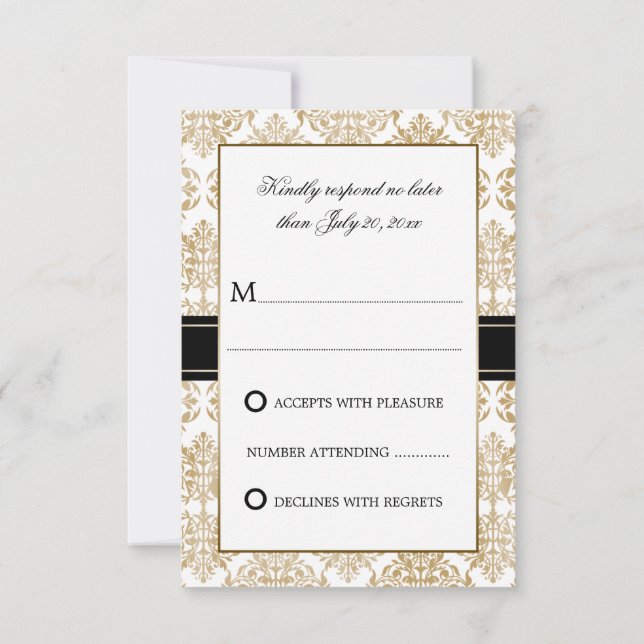Elegante Gold Flourish y Damask RSVP (Reverso)