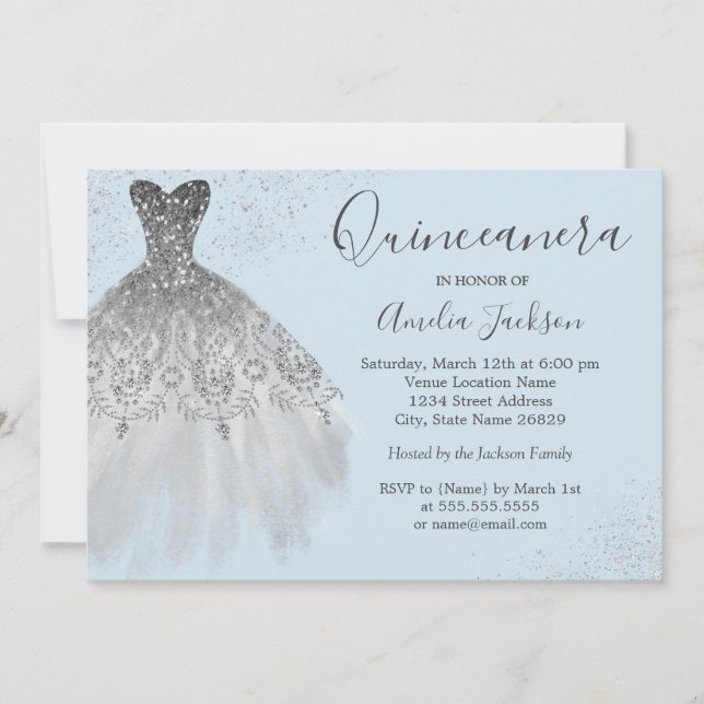 Elegante Gown Dusty Blue Quinceanera Invitación (Anverso)