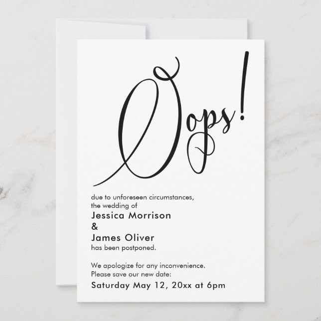 Elegante gracioso "¡Oops!" Tarjeta Boda pospuesta (Anverso)