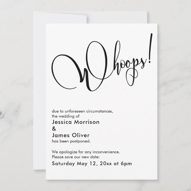Elegante gracioso "¡Uy!" Tarjeta Boda pospuesta (Anverso)