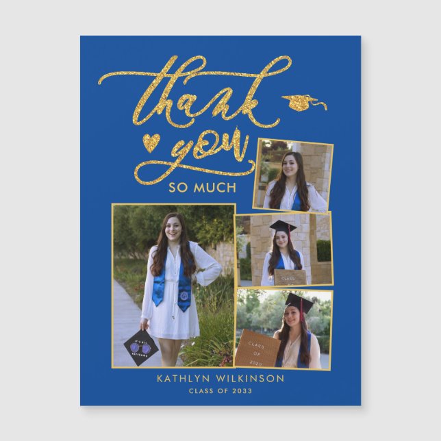 Elegante Graduación Gold Blue Multi Photo Gracias (Anverso)