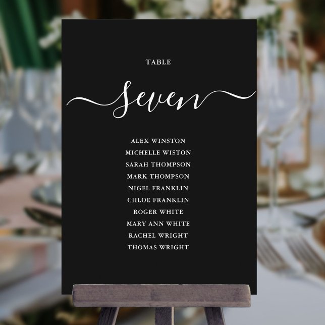 Elegante gráfico de asientos con número de mesa en (Elegant Black And White Table Number Seating Chart)