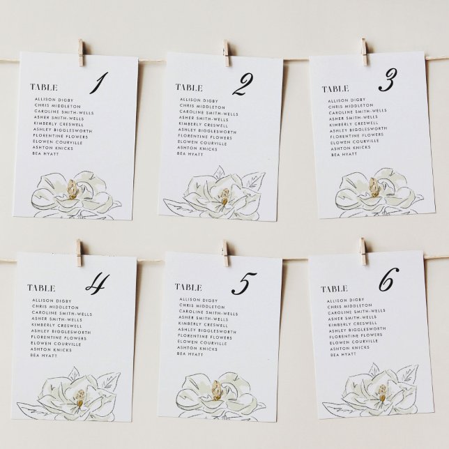 Elegante gráfico de asientos de Boda de magnolia b (Elegant Southern-inspired white magnolia illustration wedding table number cards.)