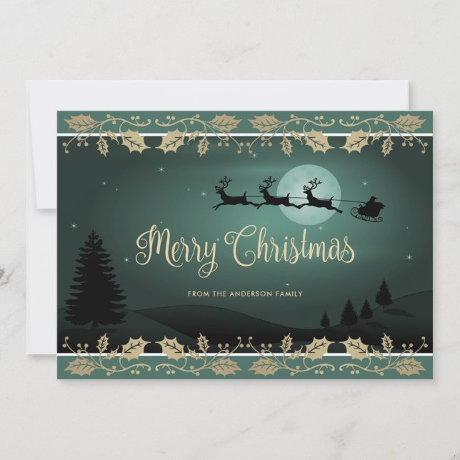 Elegante Green Gold Holly Santa Merry Navidad (Anverso)