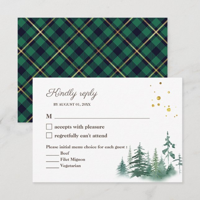 Elegante Green Gold Watercolor Tree Wedding RSVP (Anverso / Reverso)