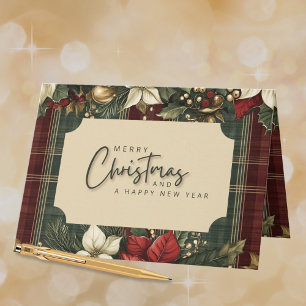 Elegante Green Plaid Red Poinsettia Feliz Navidad