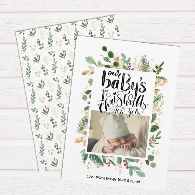 Elegante Greenery Gold Berry Baby Primera Navidad (Subido por el creador)