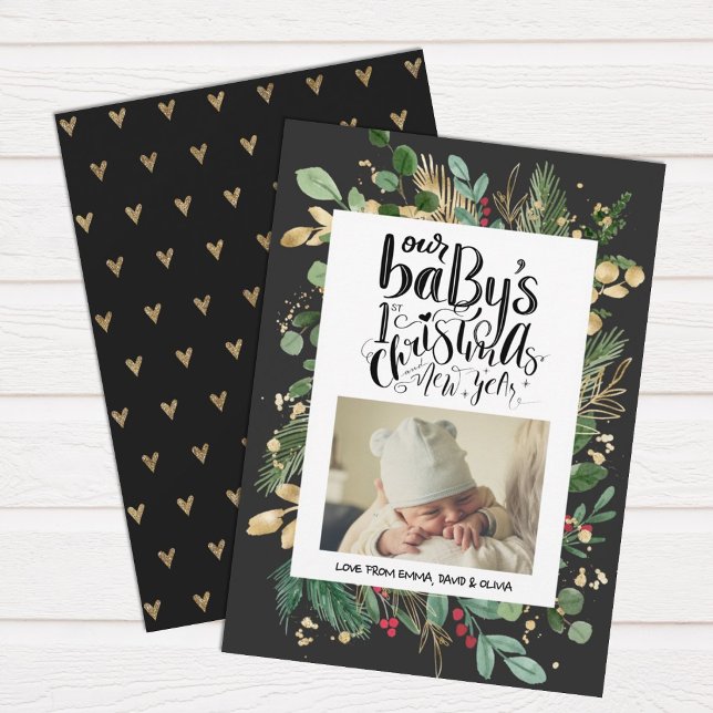 Elegante Greenery Gold Berry Baby Primera Navidad (Subido por el creador)