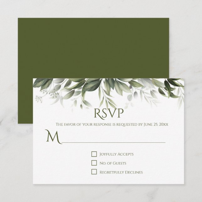 Elegante Greenery RSVP - Verde de oliva oscuro (Anverso / Reverso)