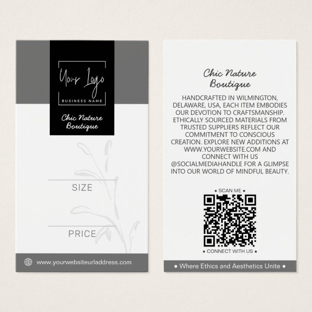Elegante Gris y Negro Botánico Social QR etiqueta  (Anverso y reverso)