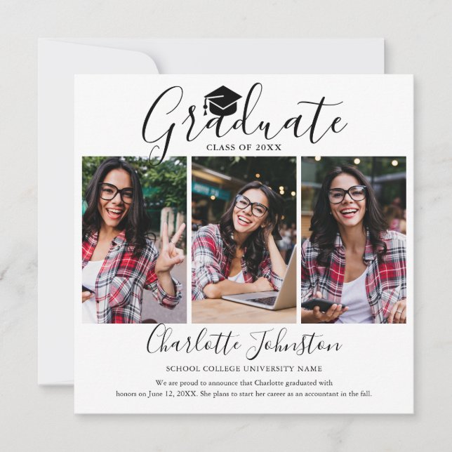 Elegante guión 4 Invitación de graduación de fotos (Anverso)
