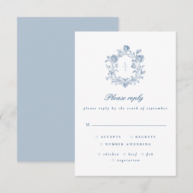 Elegante guion azul cresta floral boda RSVP (Anverso / Reverso)
