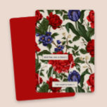 Elegante guión botánico rojo floral de navidad<br><div class="desc">Hermoso estilo vintage Navidades de impresión floral tarjeta de bienvenida con flores botánicas elegantes de color bonito rojo y azul con hojas verdes sobre un fondo de taupe, e incluye un vibrante dorso rojo de la tarjeta. Un simple saludo de Navidades con un elegante guión blanco y su nombre personalizado...</div>