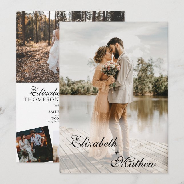 Elegante guión clásico 5 Invitación a la boda foto (Anverso / Reverso)