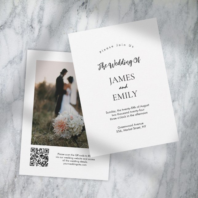 Elegante guión Código QR Invitación a la boda foto (Elegant Script QR Code Photo Wedding Invitation)