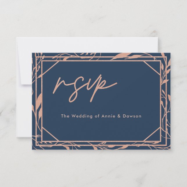 Elegante guión de boda de oro rosa marina RSVP (Anverso)