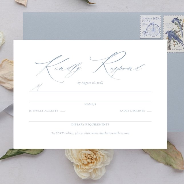 Elegante Guión de Dainty Dusty Blue Wedding RSVP (elegant dusty blue wedding response card, dainty script rsvp card, wedding enclosure card)