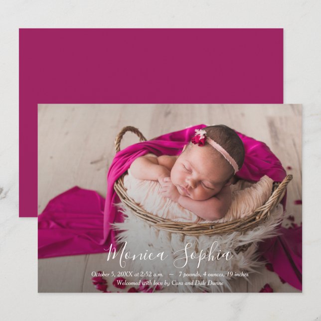 Elegante guión de foto bebé anuncio de nacimiento (Anverso / Reverso)