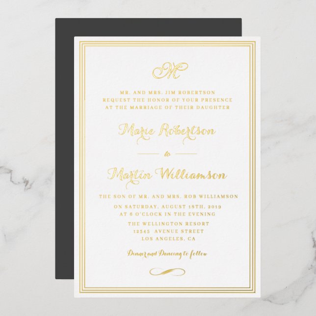 Elegante guión de la invitación a la boda del marc (Anverso/Reverso)