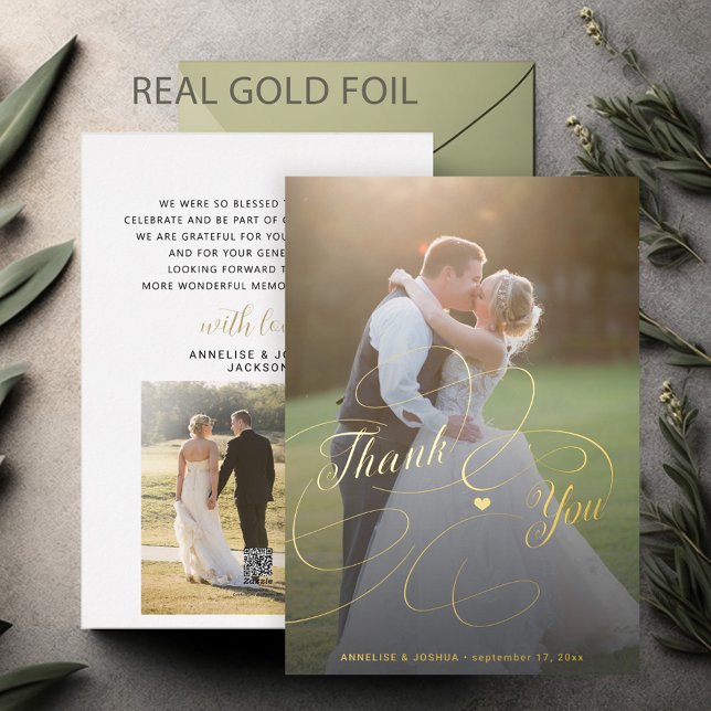 Elegante guión dorado 2 foto boda tarjeta de agrad (Subido por el creador)