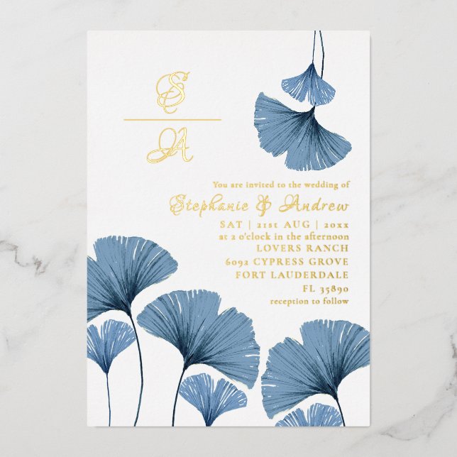 Elegante Guión Dorado Blue Leaf Wedding Invitación (Anverso)