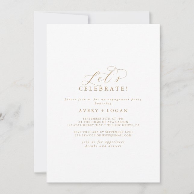Elegante guión dorado celebremos la invitación (Anverso)